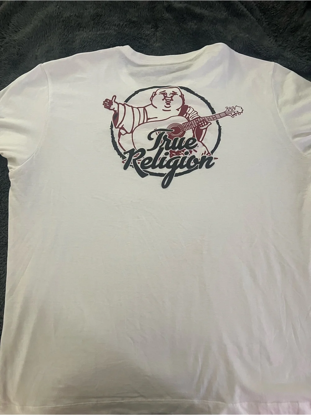 True Religion White Tee with Burgundy and Black Back Graphic